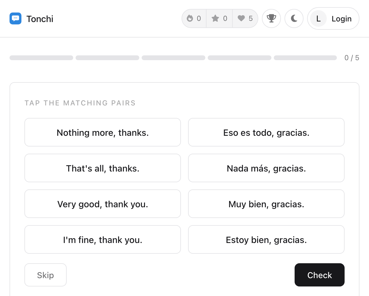 A Tonchi matching-pairs exercise in a Spanish lesson